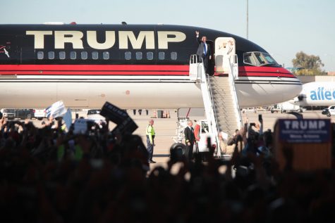 Donald Trump gets off his plane to speak at a rally.  Family and friends of Jefferson students have mixed opinions on Donald Trump and a Trump presidency could affect the U.S. and the world.