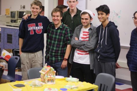 Juniors Brian Stephan, Michael Krause, Tadek Kosmal, William Briffa, and Neel Shah create the first place gingerbread house within 30 minutes.
