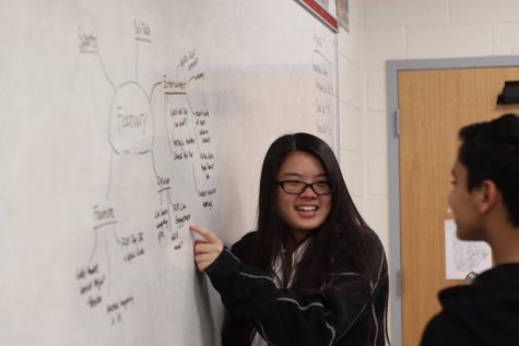 Leading the discussion for the February print article, senior Grace Mak points out article ideas for opinions.