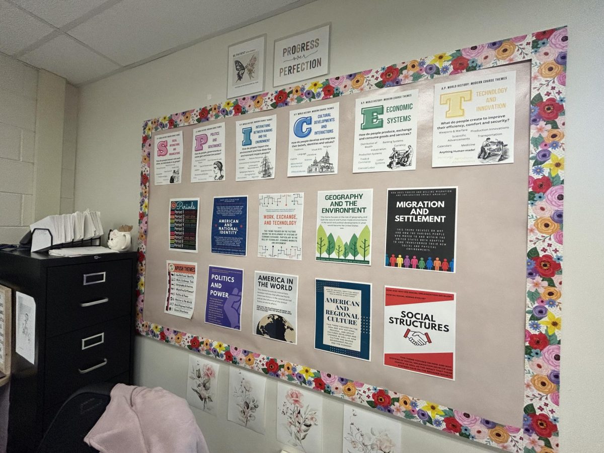 Using vibrant colors, large fonts, and eye-catching graphics to decorate an otherwise barren wall, history teacher Josephine Porcelli strives to create a welcoming atmosphere in her classroom.“I [decorate] to make the room feel more cozy and welcoming, so it isn’t a sort of barren hospital looking classroom,” Porcelli said.