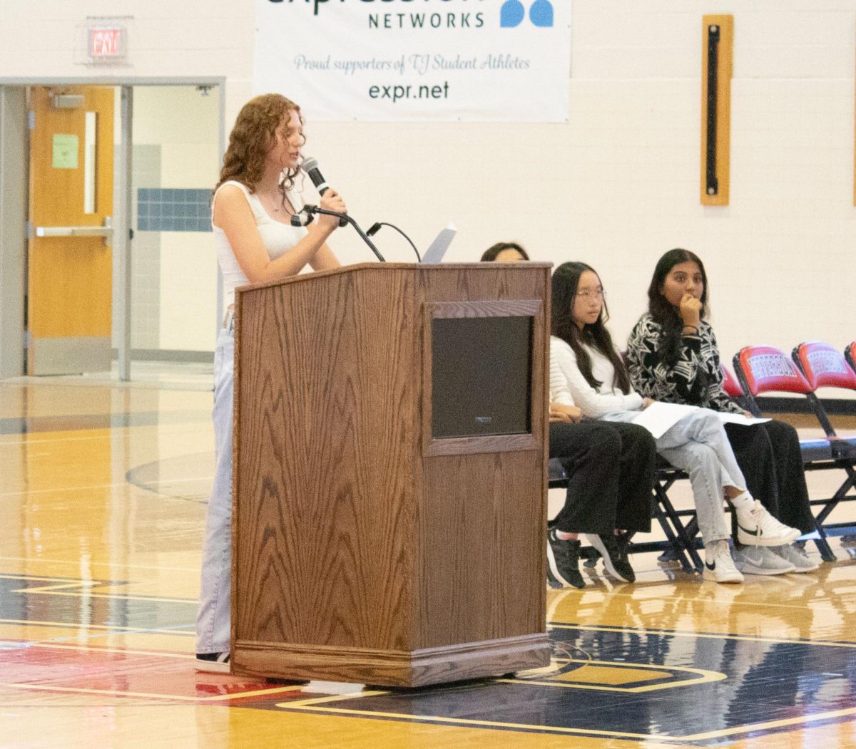 Freshman Cora Struebing gives her speech during the Class of 2028 Class Council elections. “I think my speech went well. Something I made sure I prioritized is not talking about things I’ve done in the past. I don’t think that’s something that people really care about. [So I talked] more about what I’m going to do in the future that will affect the class,” Struebing said. “I tried to build as many relationships with people in person, because I feel like that is more personal. We’re [going to use] different platforms to communicate, and I think that’s been flowing well.”