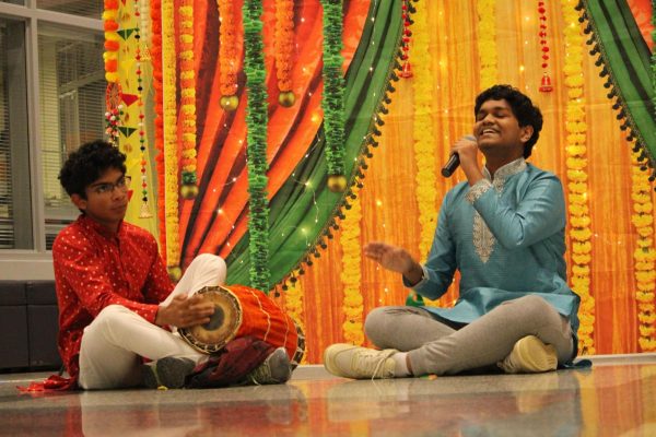 Taarun Ganesh and Aniruddh Balu perform a traditional drum and singing performance during Diwali night at Jefferson. “I have a lot of fun performing,” Ganesh said. “I really like showing people what my talents are and I hope my singing can inspire people to follow their dreams.”