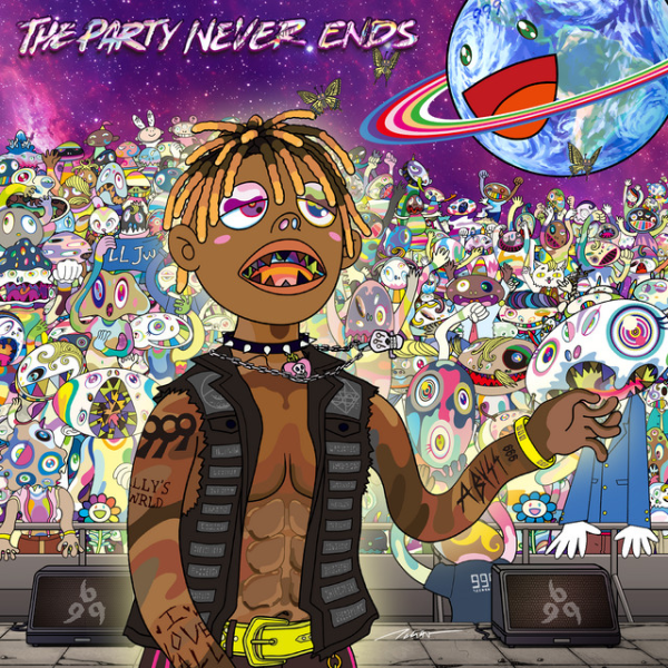 Juice WRLD, featured in the vibrant and stylized “The Party Never Ends” album cover, is surrounded by bold colors and imaginative designs that reflect the creativity and emotion of his music.