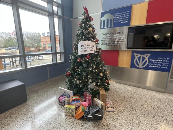 Toys are dropped off under the tree in Nobel Commons. “I hope people donate. That is my hope,” SGA sponsor Erin Connelly-Kosek said. 