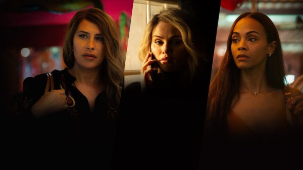 A promotional image featuring Karla Sofía Gascón as Emilia Pérez, Selena Gomez as Rita and Zoë Saldaña as Jessi.