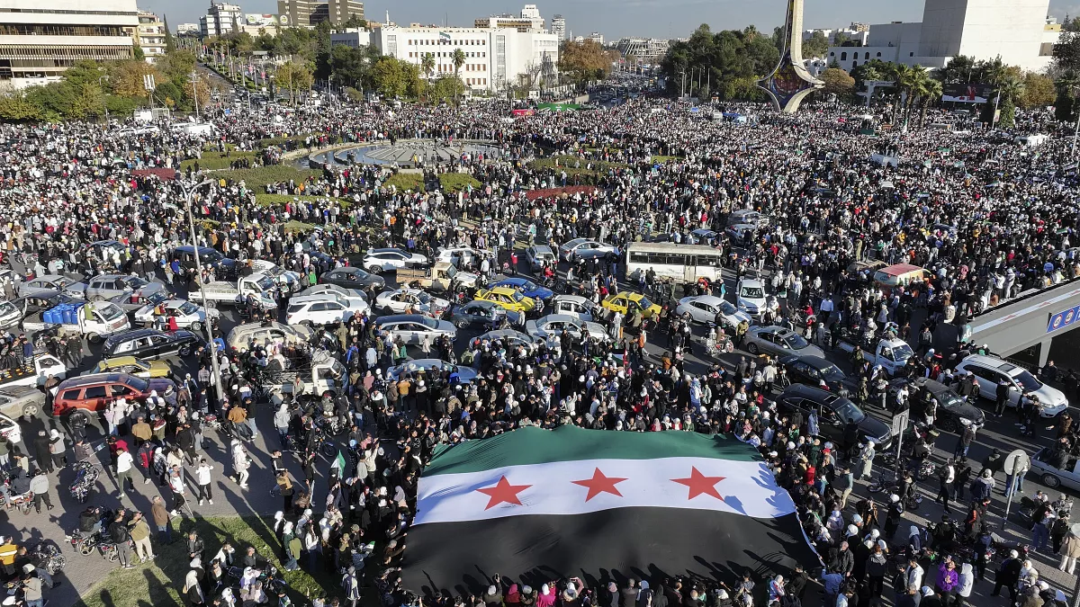 Thousands of Syrians celebrate in Damascus, the capital of Syria, marking the one month anniversary of a free Syria after rebel group Hayat Tahrir Al-Sham (HTS) overthrew the government on Dec. 8th, 2024.