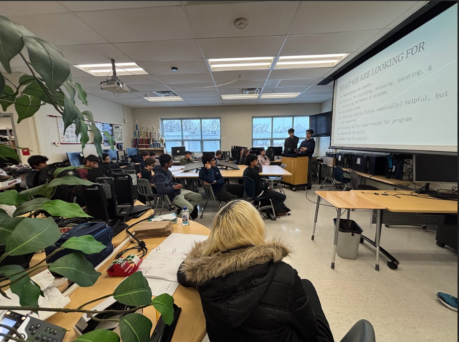 Students gather for the Sysadmin understudy meeting. “I notice that at Jefferson, we put a lot of emphasis on learning and I was happy to see this reflected in the meeting too,” freshman Dipisha Subedi said.